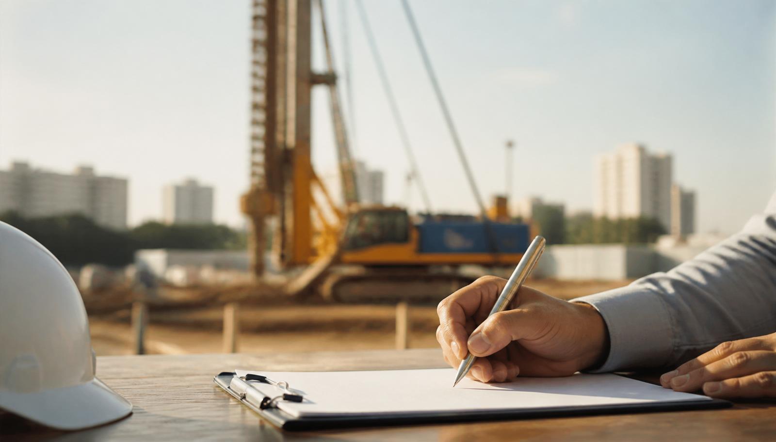 Engenheiro assinando ART em prancheta no canteiro de obras