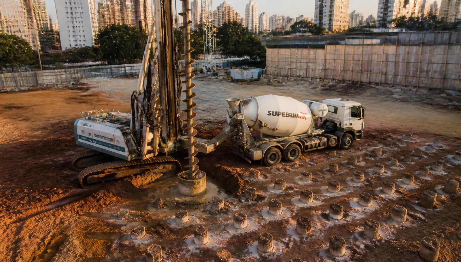 Perfuratriz de hélice contínua ao lado de caminhão de concreto em canteiro urbano